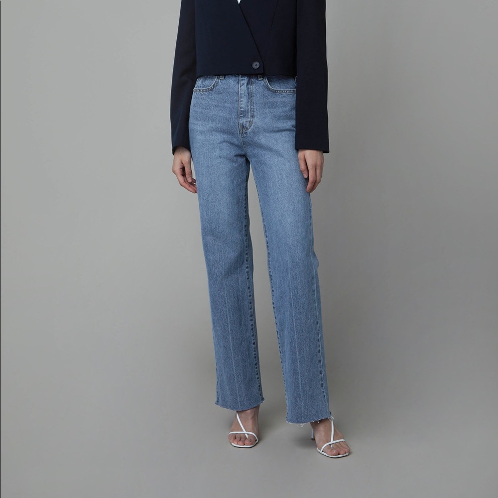 Oak + Fort 5767 High Rise Straight Leg Jeans Womens Size Medium Raw Fray Hem NWT